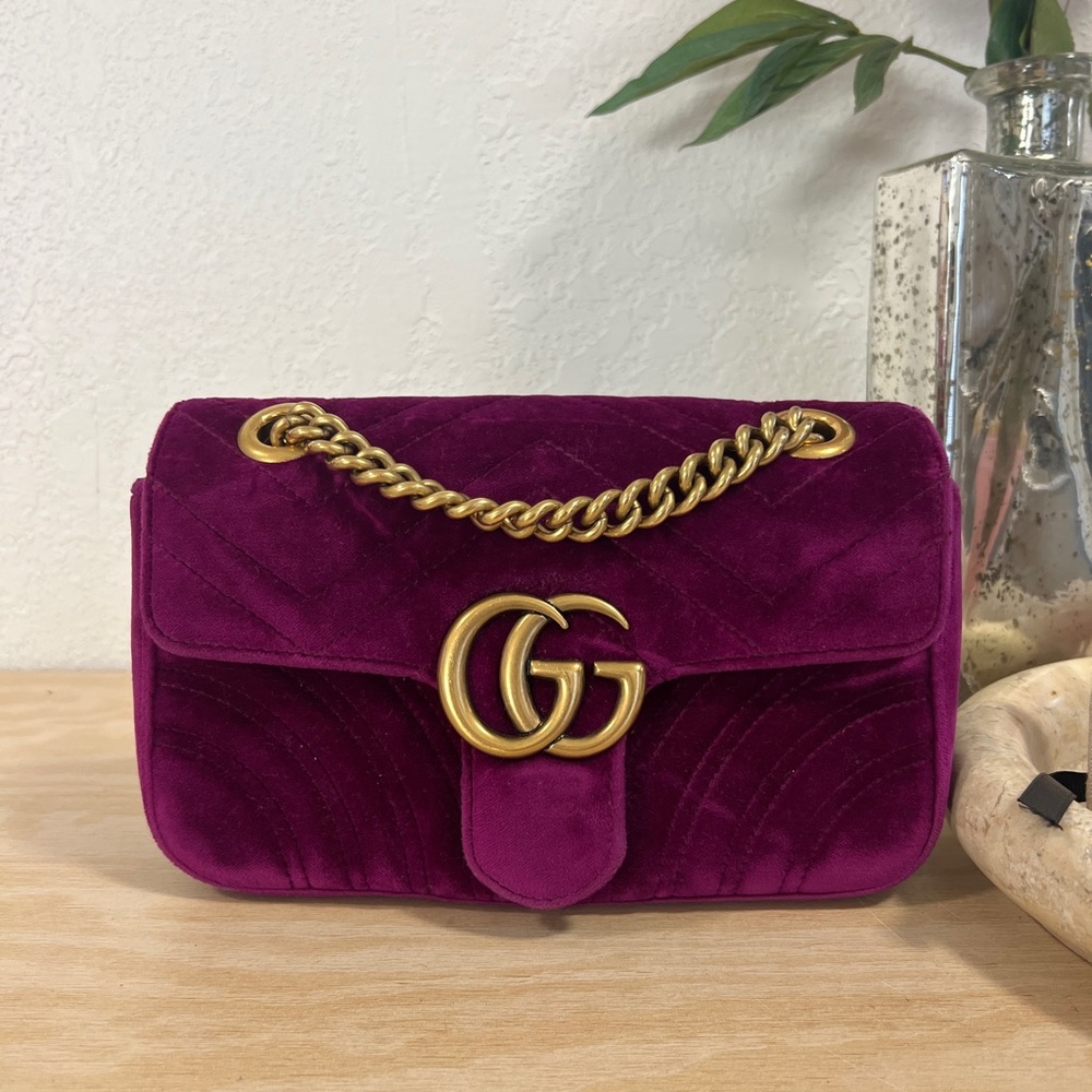 Gucci Marmont Purple and Gold Velvet Shoulder Bag